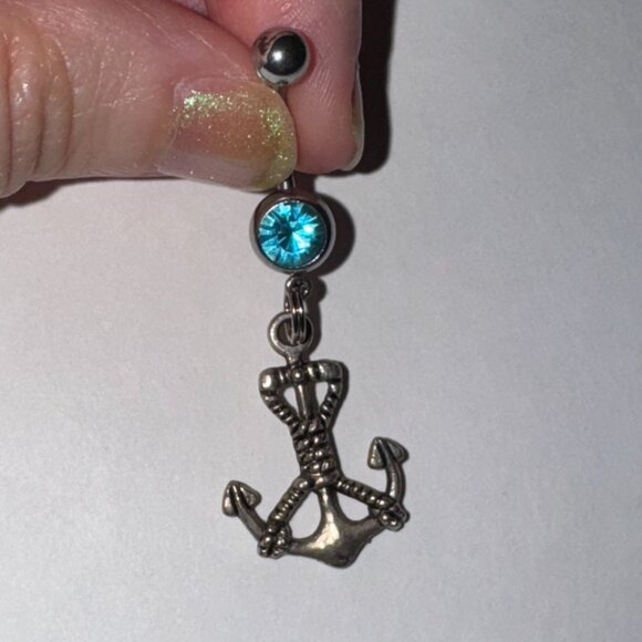Large Anchor with Rope and Aqua Blue Gem Dangle Belly Ring - Picture 2 of 8